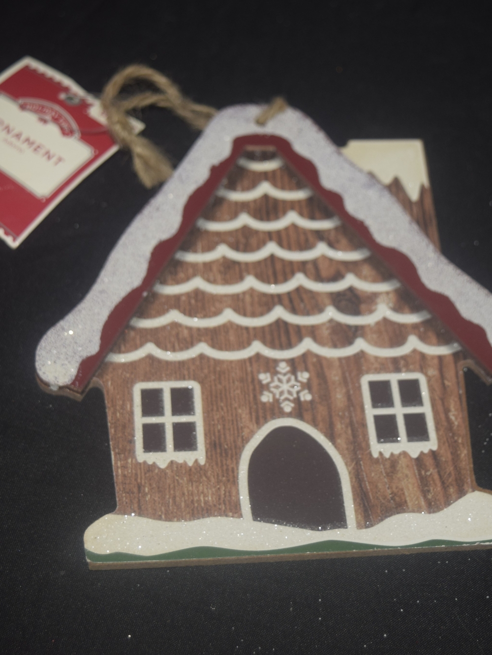 Holiday Time Wooden Gingerbread House Ornament - Red, Brown, White, Green